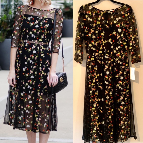 Lucy Paris Black Midi Floral Embroidered Dress - Picture 1 of 4